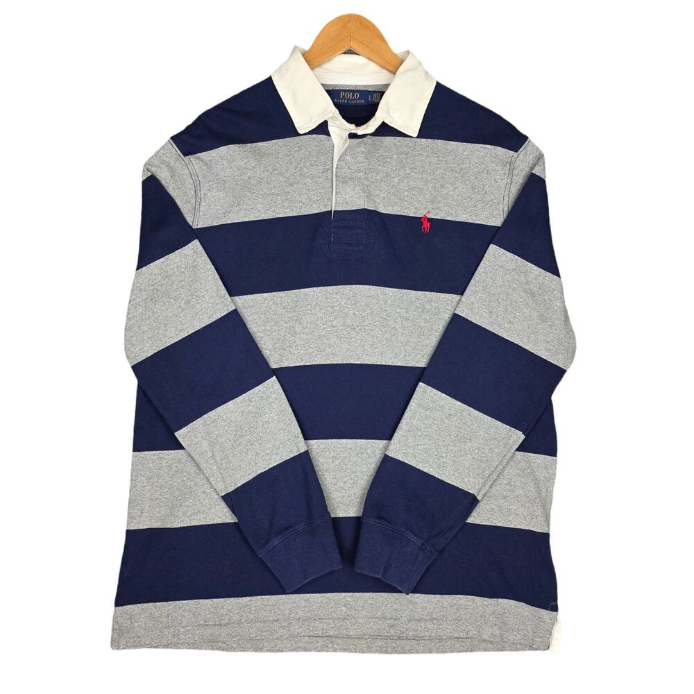POLO RALPH LAUREN RUGBY SHIRT – NAVY/GRAY STRIPE – WHITE COLLAR – SIZE LARGE